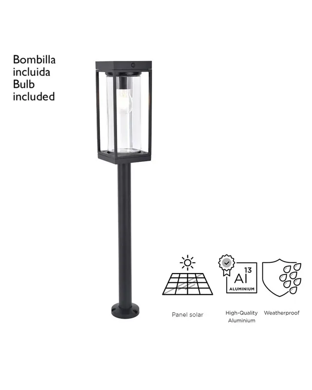 Baliza de exterior SOLAR 76cm de aluminio y cristal acabado negro E27 IP44 Profesional