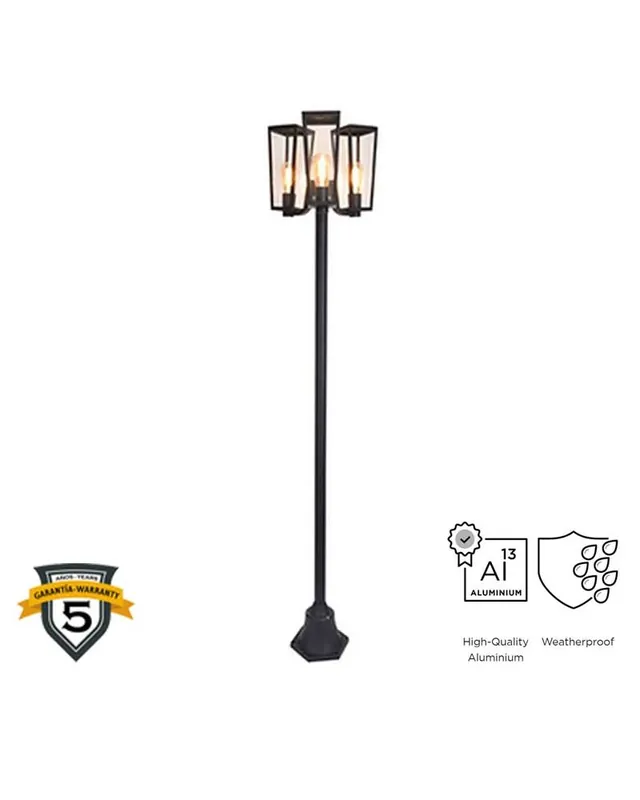 Stock Limitado Farola 198,6cm de aluminio y cristal acabado negro 3xE27 IP44