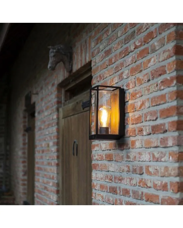 Aplique pared de exterior 26cm de aluminio y cristal acabado negro y madera E27 IP44 Lujoso