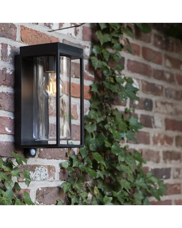 Aplique de pared de exterior 28,5cm de aluminio y cristal acabado negro E27 IP44 SENSOR MOVIMENTO Precio De Fábrica
