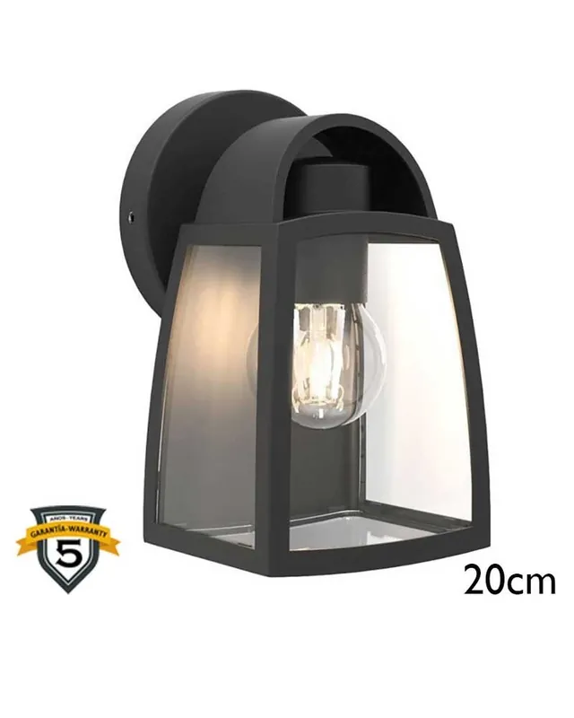 Aplique pared de exterior negro 20cm de aluminio y cristal transparente E27 IP44 Descuento