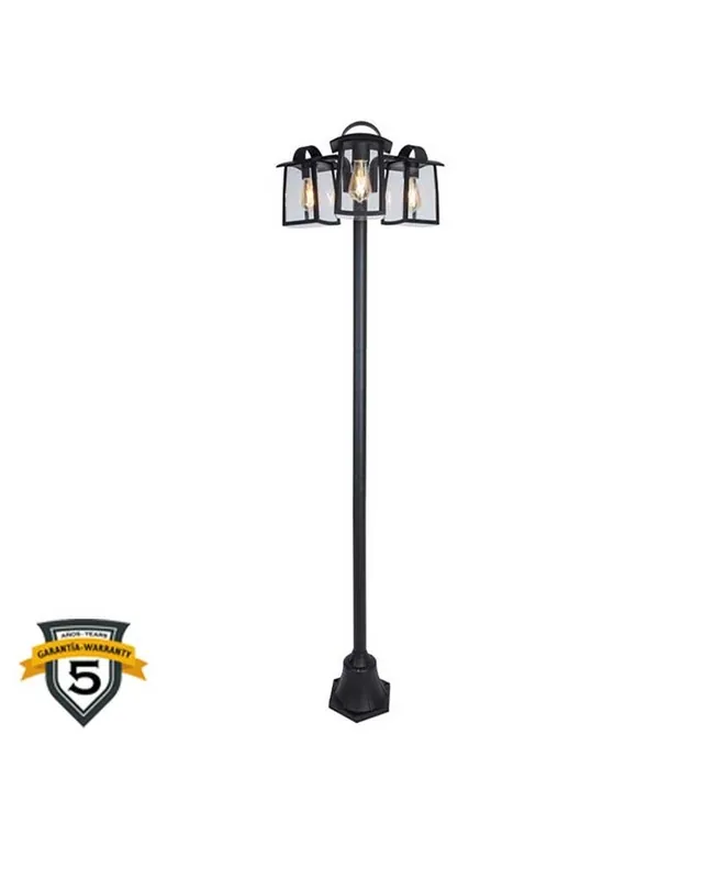 Última Versión Farola de 3 luces 191cm de aluminio y cristal acabado negro 3xE27 IP44