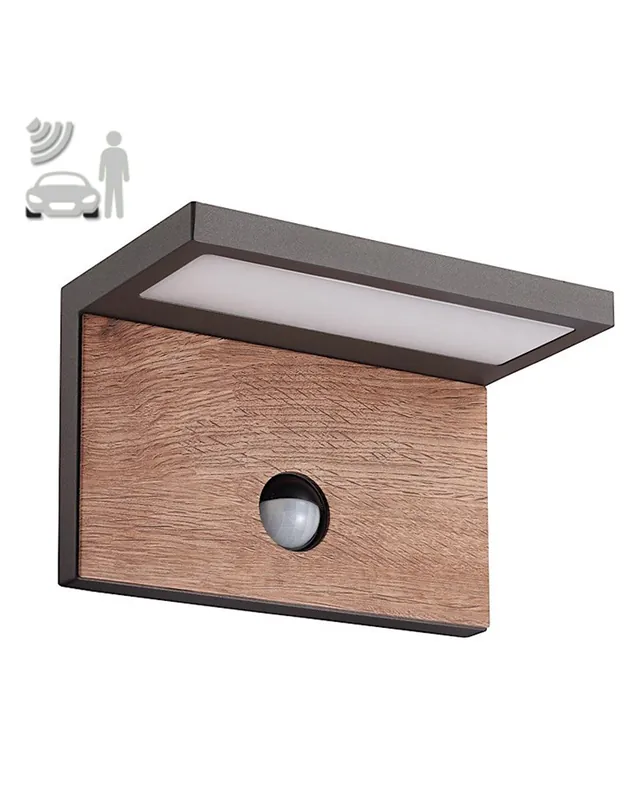 Aplique de exterior LED 15W 3000K de aluminio gris y madera IP54 con sensor de movimiento Precio Reducido