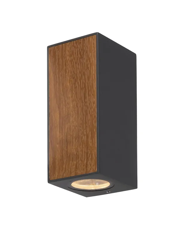 Aplique pared de exterior 16,5cm altura Luz superior e inferior 2xGU10 aluminio y madera 10W IP65 Hecho A Mano