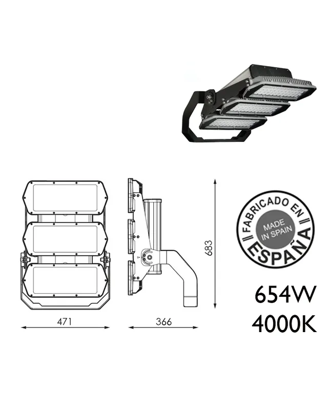 Proyector de exteriores industrial 654W 144 leds IP66 4000K +200.000h Más Vendido