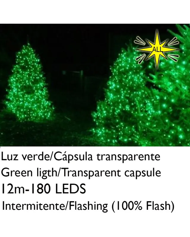A Buen Precio Guirnalda 12m y 180 LEDs Intermitente luz verde cápsula clara cable verde empalmable IP65 apta para exterior