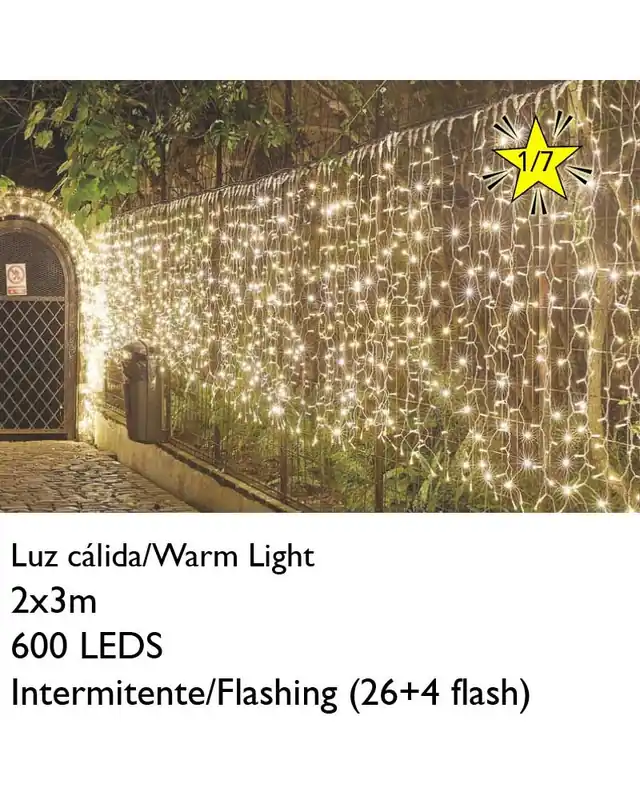 Tendencia Cortina LED 2x3m 600 LEDs blanco cálido Flashing, cápsula clara, empalmable y apta para exteriores IP65. Cable blanco.