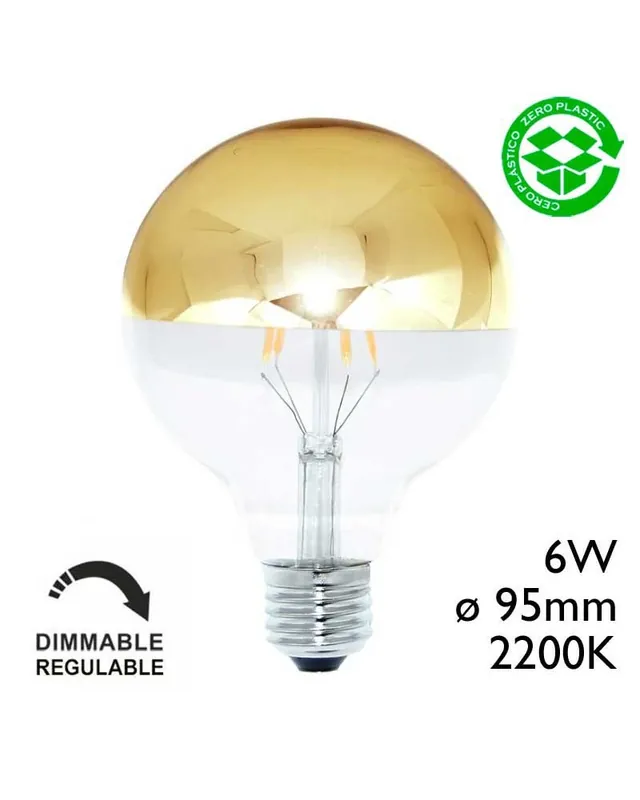 Bombilla Globo 95 mm. Cúpula Espejo Dorado LED Regulable E27 6W 2200K 500Lm. Descuento