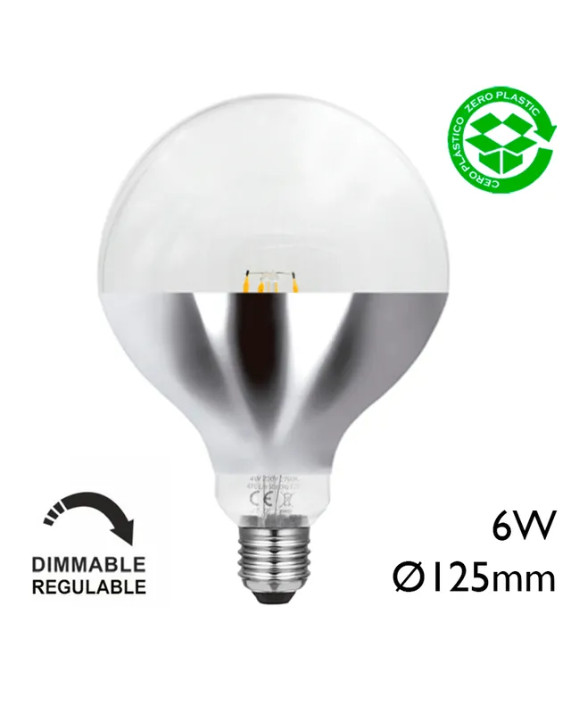 Tendencia Bombilla Globo Espejo Reflector 125 mm. filamentos LED Regulable E27 6W 2700K 510Lm.