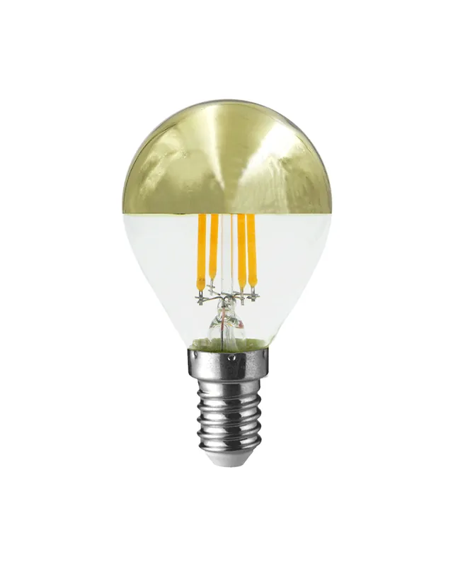 Bombilla Esférica 45 mm. Cúpula Espejo Dorada filamentos LED E14 4W 2700K 350Lm. No Te Lo Pierdas