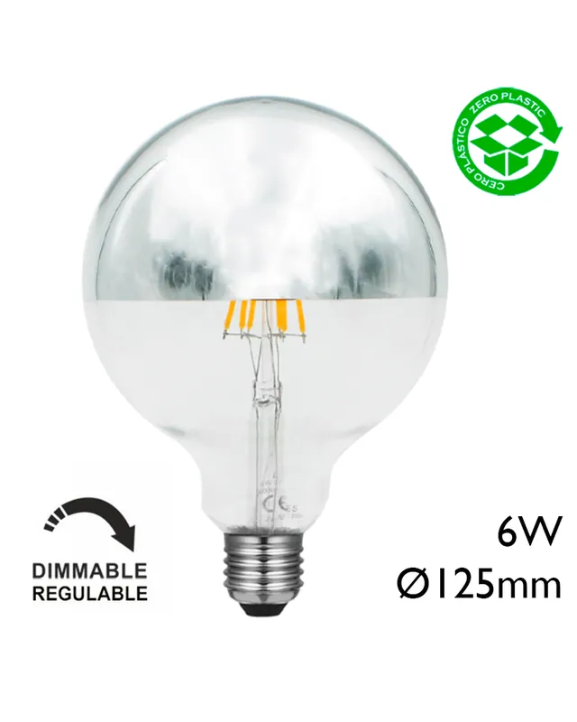 Tendencia Bombilla Globo Cúpula Espejo 125 mm. filamentos LED Regulable E27 6W 2700K 600Lm.