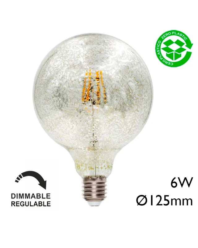 Bombilla Globo Cromo Craquelado 125 mm. filamentos LED Regulable E27 6W 2200K 400Lm. Hecho A Mano