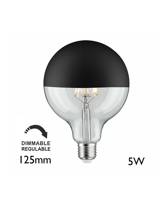 Bombilla Globo 125 mm. Cúpula Negra mate filamentos LED Regulable E27 5W 2700K 520Lm. Económico