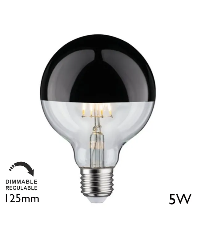 Bombilla Globo 125 mm. Cúpula Negra brillo filamentos LED Regulable E27 5W 2700K 520Lm. Disponible Ahora