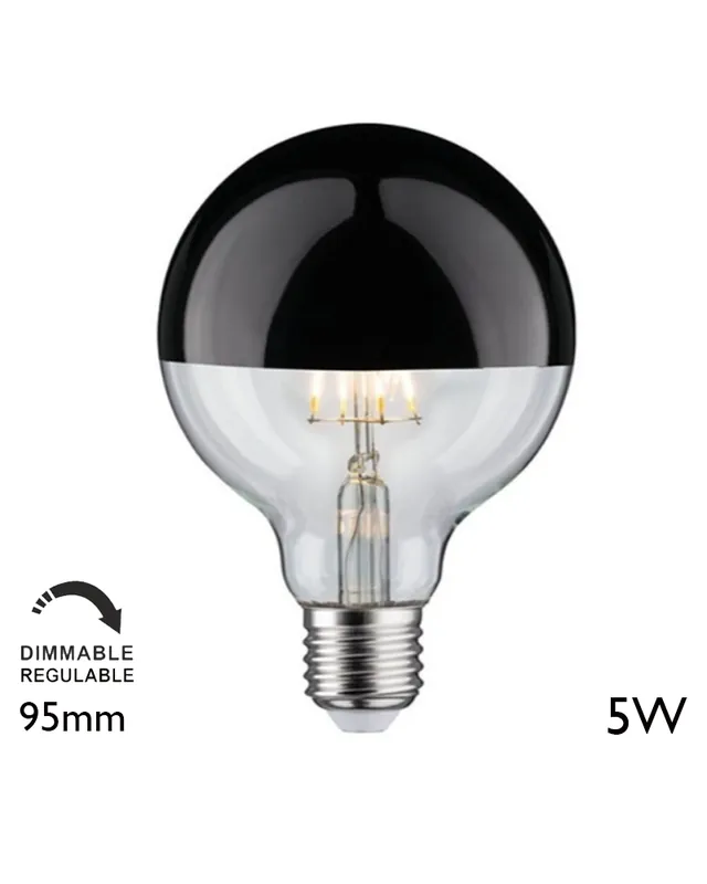 Bombilla Globo 95 mm. Cúpula Negra brillo filamentos LED Regulable E27 5W 2700K 520Lm. Artesanal