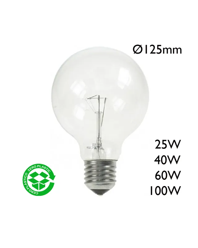 Bombilla Globo incandescente 125mm clara E27 230V Envío Internacional