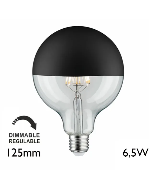 Bombilla Globo 125 mm. Cúpula Negra mate filamentos LED Regulable E27 6.5W 2700K 520Lm. Certificado