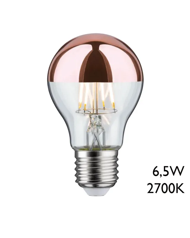 Tendencia Bombilla Estándar Cúpula Espejo Cobre 60 mm. filamentos LED E27 6,5W 2700K 600Lm.