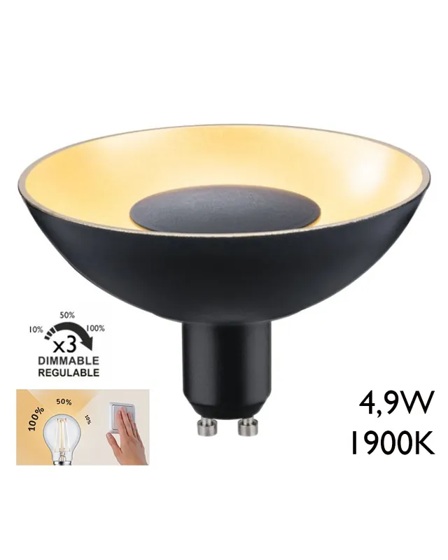 Spot 100mm LED 4,9W GU10 negro y dorado 1900K Regulable en 3 pasos Envío Inmediato