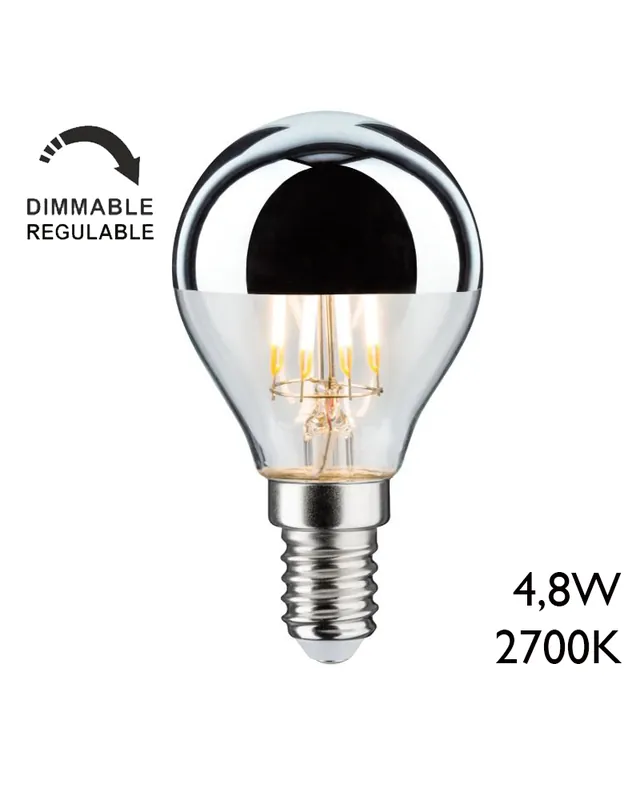Solo Hoy Bombilla Estándar Cúpula Espejo Plata 45mm. filamentos LED E14 4,8W 2700K 440Lm Regulable