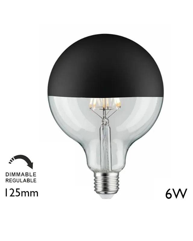 Bombilla Globo 125mm. Cúpula Negra filamentos LED Regulable E27 6W 2700K 550Lm. Envío Gratis