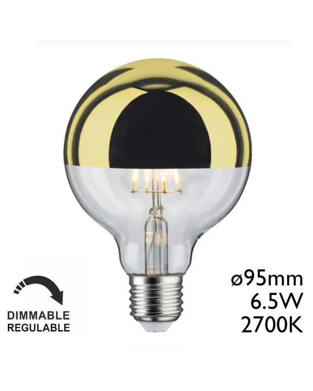 Bombilla Globo 95mm. Cúpula Espejo Dorado filamentos LED Regulable E27 6,5W 2700K 600Lm Moderno