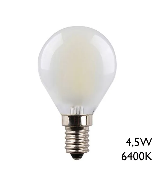 Bombilla Esférica LED 78mm Filamentos cristal mate E14 4,5W 6400K 470Lm Marca Reconocida