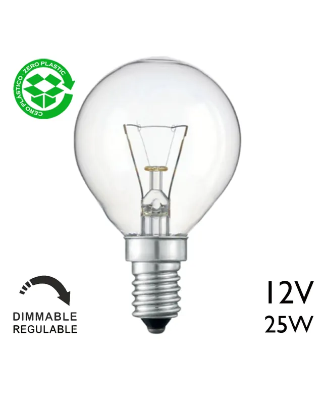 Bombilla esférica clara 25W 12V E14 de filamento Premium