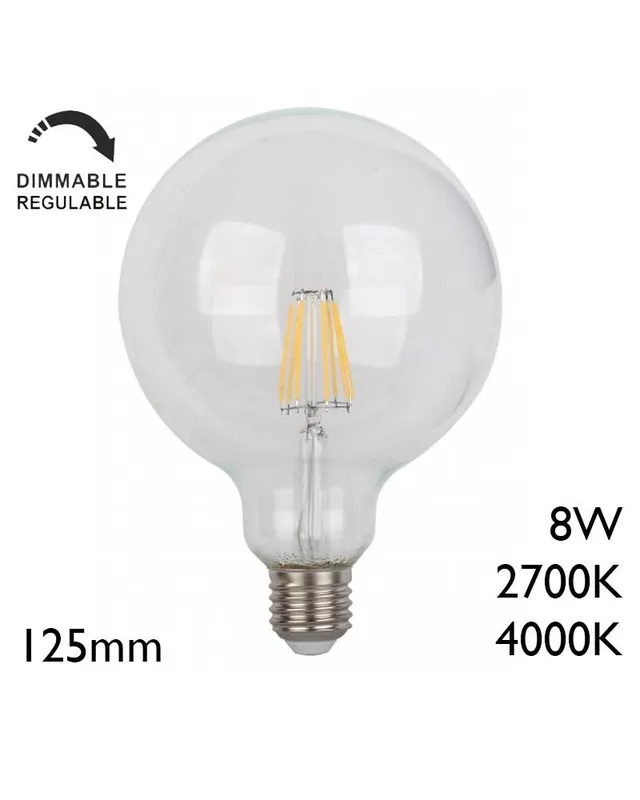 Bombilla Globo 125mm REGULABLE LED E27 8W Nuevo Modelo