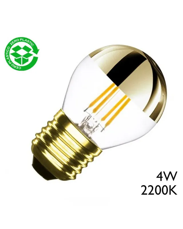 Bombilla Esférica 45 mm. Cúpula Espejo Dorada filamentos LED E27 4W 2700K 350Lm. Precio De Oferta