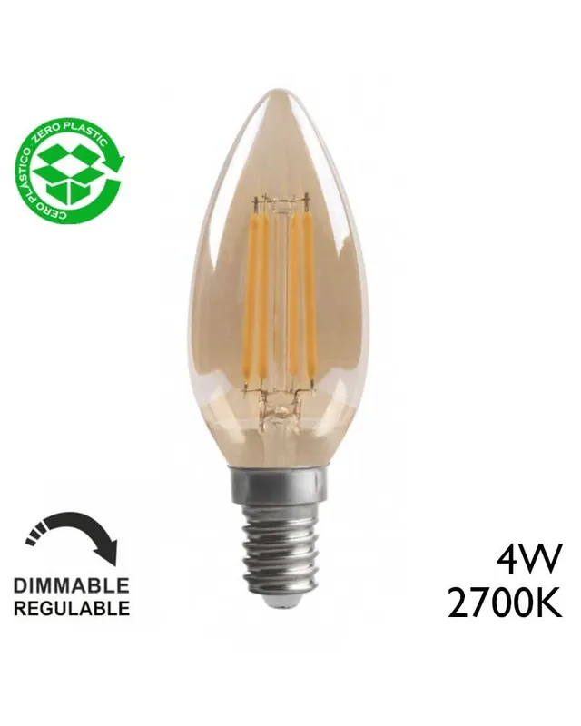Artesanal Bombilla Vela LED filamento ambar E14 6W 2700K dimable