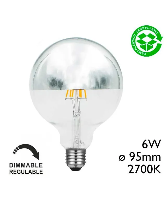 Bombilla Globo 95 mm. Cúpula Espejo filamentos LED Regulable E27 6W 2700K 595Lm. Liquidación