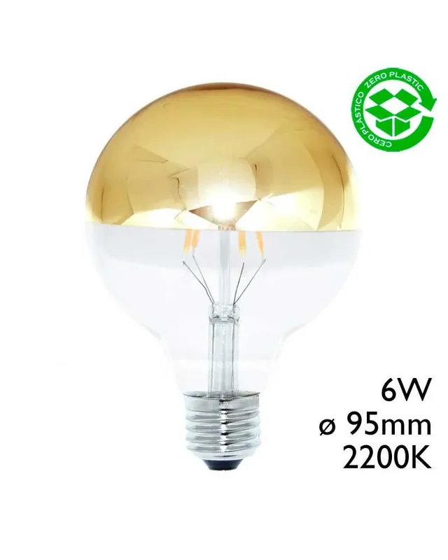 Bombilla Globo 95 mm. Cúpula Espejo Dorado LED E27 6W 2200K 500Lm. Garantía De Devolución De Dinero
