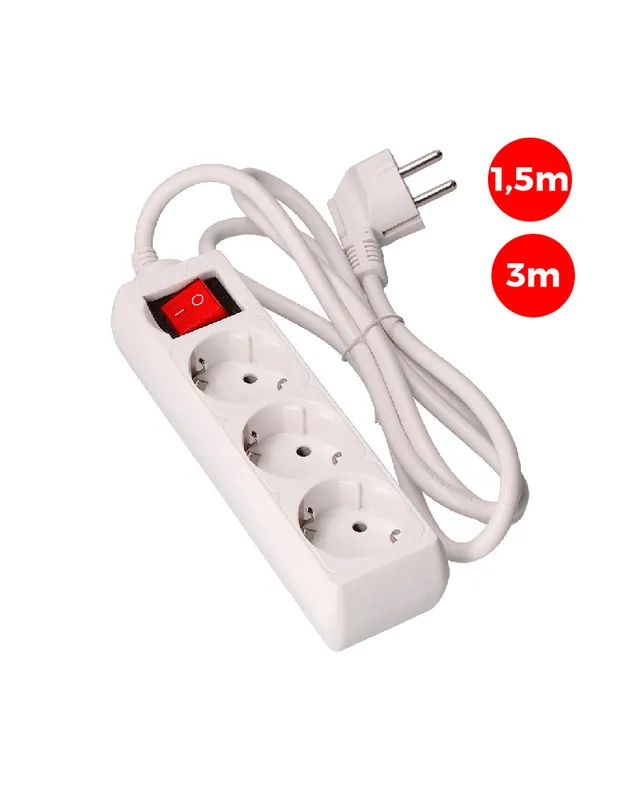 Última Oportunidad Base múltiple de 3 tomas Schuko con interruptor de 1,5m ó 3m de cable 3x1,5mm