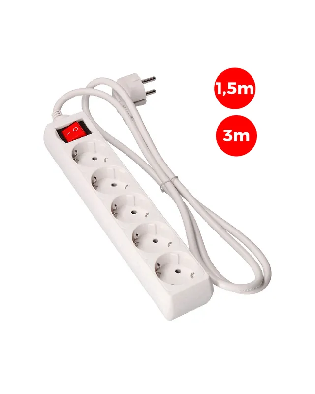 Base múltiple de 5 tomas Schuko con interruptor de 1,5m ó 3m de cable 3x1,5mm Nueva Colección