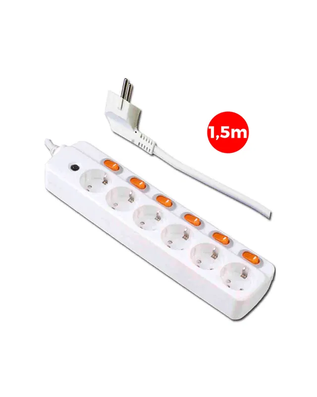 Artesanal Base múltiple 6 tomas T/TL con 6 interruptores independientes de 1,5m de cable 3x1,5mm