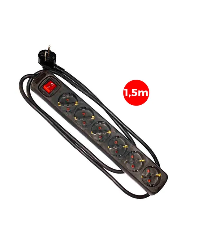 Tendencia Base múltiple de 6 tomas Schuko con interruptor de 1,5m  3x1,5mm color negro