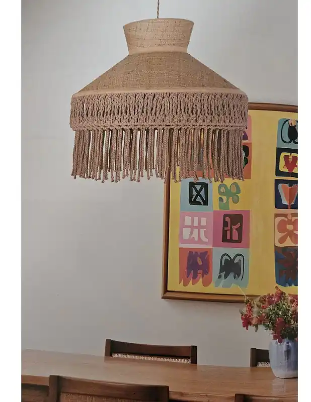 Hecho A Mano Lámpara Colgante Caña y Flecos Macramé