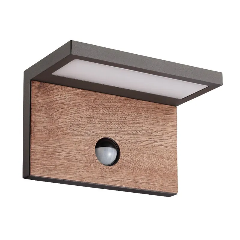 Última Versión APLIQUE LED RUKA 15W CON SENSOR MOVIMIENTO  GRIS OSCURO + MADERA