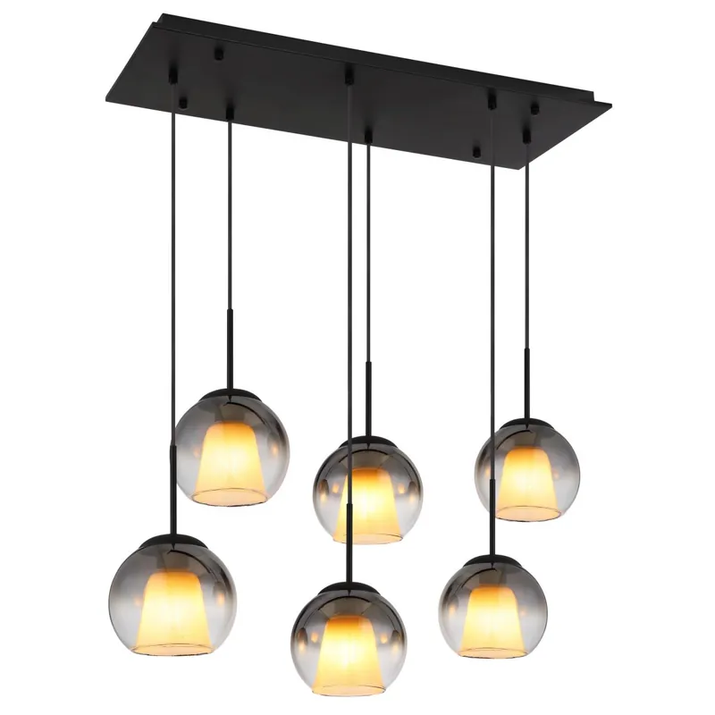 Rebajas Lámpara colgante moderna rectangular con seis esferas de vidrio ahumado. ✓ Envío gratis desde 50 € ✓ 2 años de garantía. ¡Dale estilo a tu hogar!