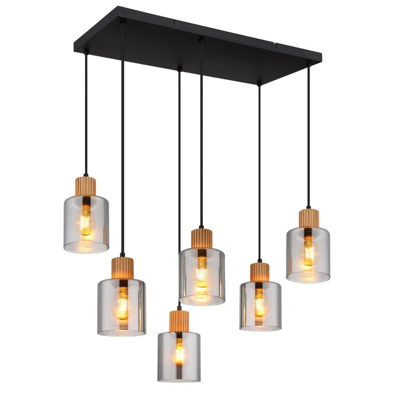 Compra Ahora Lámpara colgante negra y elegante con colgantes de vidrio y madera para un ambiente sofisticado. ✓ Envío gratis desde 50 € ✓ 2 años de garantía