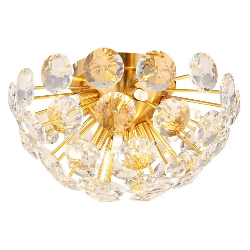 Lámpara de techo semicurva dorada con brillantes cristales K9, ideal para espacios grandes. ✓ Envío gratis desde 50 € ✓ 2 años de garantía Certificado